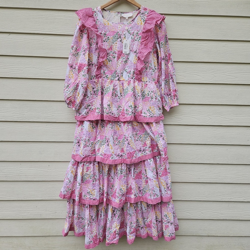 Simply Southern Tiered Maxi Dress Large Quilted Patchwork Pink Floral Ruffle